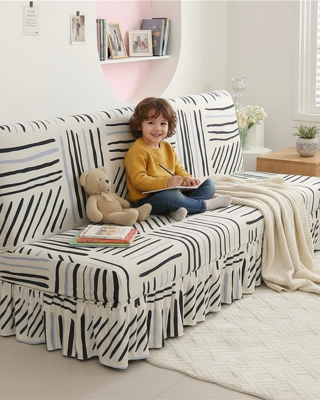 Housse de clic clac motifs abstraits noirs jupe – Protection canapé convertible – Photo Variation 2