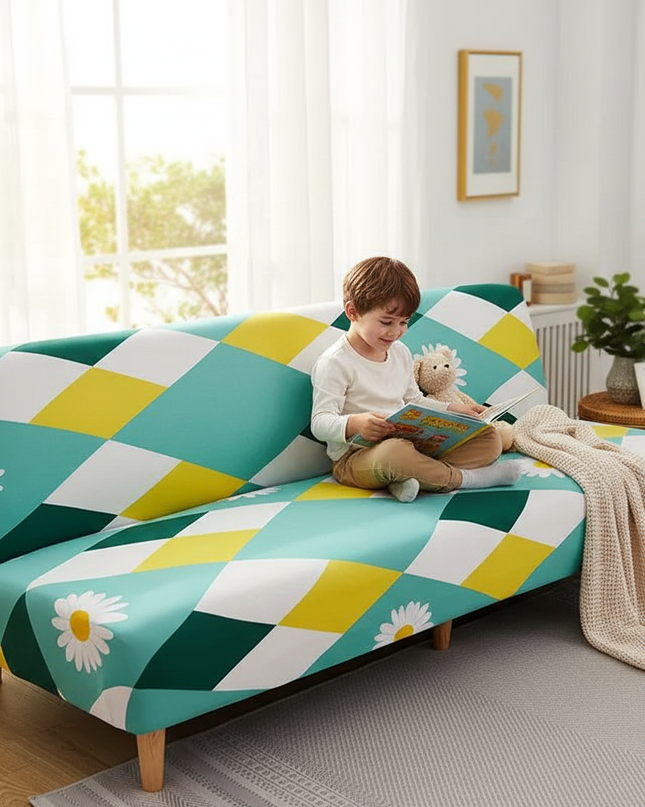 Housse de clic clac Élastique Turquoise Pâquerettes – Protection canapé convertible – Photo Variation 2