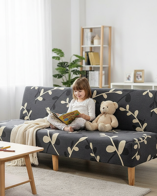 Housse de clic clac extensible feuilles grises. – Protection canapé convertible – Photo Variation 2