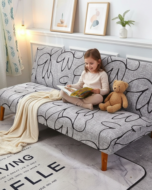 Housse de clic clac grise motifs végétaux – Protection canapé convertible – Photo Variation 2