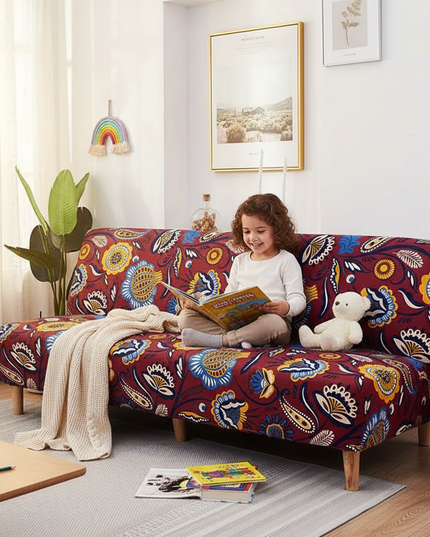 Housse de clic clac extensible bordeaux fleurie – Protection canapé convertible – Photo Variation 2