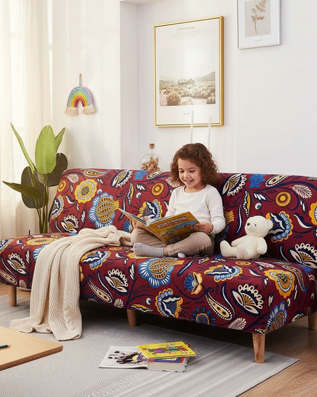Housse de clic clac extensible bordeaux fleurie – Protection canapé convertible – Photo Variation 2