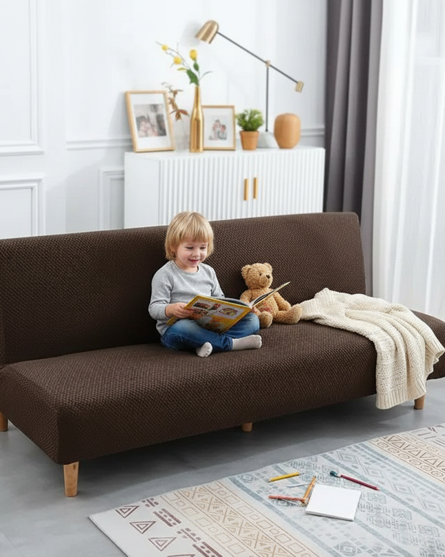 Housse de clic clac marron jacquard extensible – Protection canapé convertible – Photo Variation 2