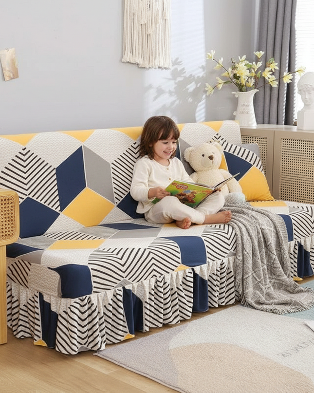 Housse de clic clac géométrique jaune bleu – Protection canapé convertible – Photo Variation 2