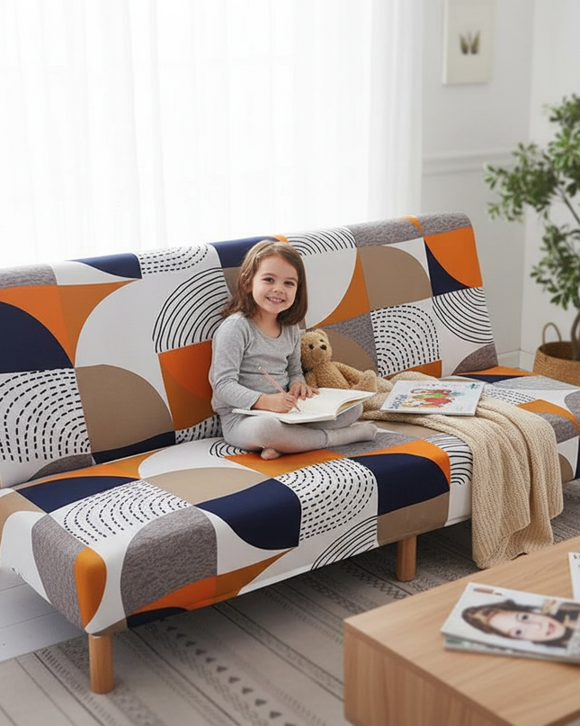 Housse de clic clac motif géométrique orange – Protection canapé convertible – Photo Variation 2