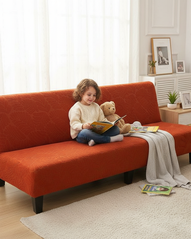 Housse de clic clac terracotta motifs feuilles – Protection canapé convertible – Photo Variation 2