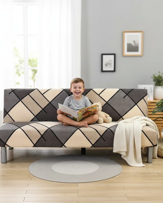 Housse de clic clac géométrique gris beige – Protection canapé convertible – Photo Variation 2