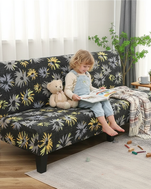 Housse de clic clac fleurs jaunes grises – Protection canapé convertible – Photo Variation 2