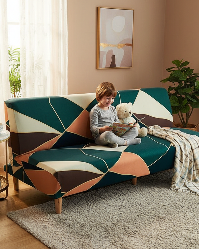 Housse de clic clac géométrique verte moderne. – Protection canapé convertible – Photo Variation 2