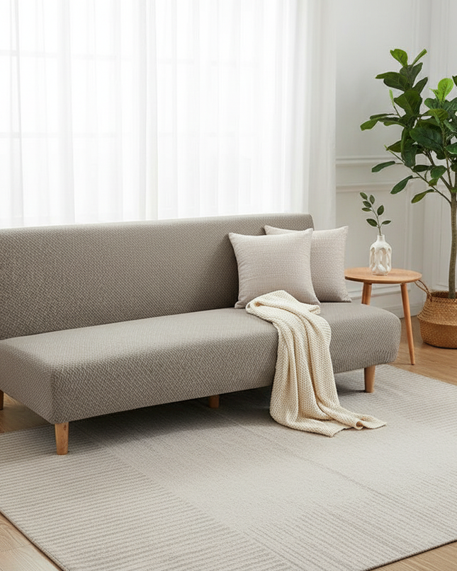 Housse de clic clac taupe jacquard extensible. – Protection canapé convertible – Photo Variation 1