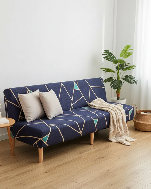 Housse de clic clac géométrique bleue stretch – Protection canapé convertible – Photo Variation 1