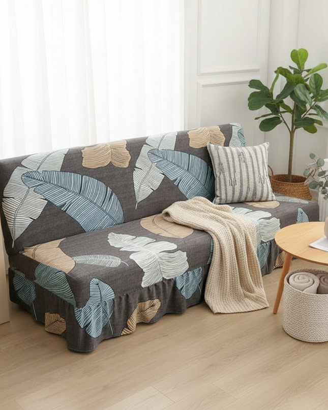 Housse de clic clac feuilles grises bleues – Protection canapé convertible – Photo Variation 1