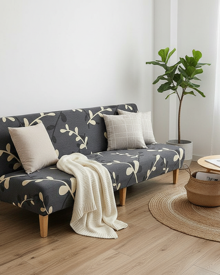 Housse de clic clac extensible feuilles grises. – Protection canapé convertible – Photo Variation 1