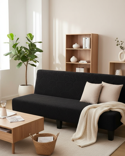 Housse de clic clac noire motif feuilles – Protection canapé convertible – Photo Variation 1