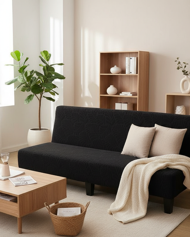 Housse de clic clac noire motif feuilles – Protection canapé convertible – Photo Variation 1