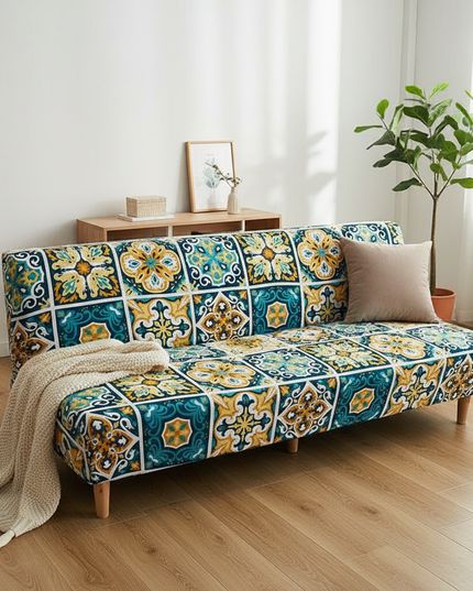 Housse de clic clac motifs mosaïque bleu jaune – Protection canapé convertible – Photo Variation 1