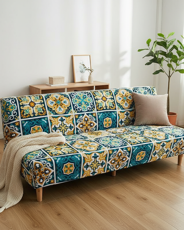 Housse de clic clac motifs mosaïque bleu jaune – Protection canapé convertible – Photo Variation 1