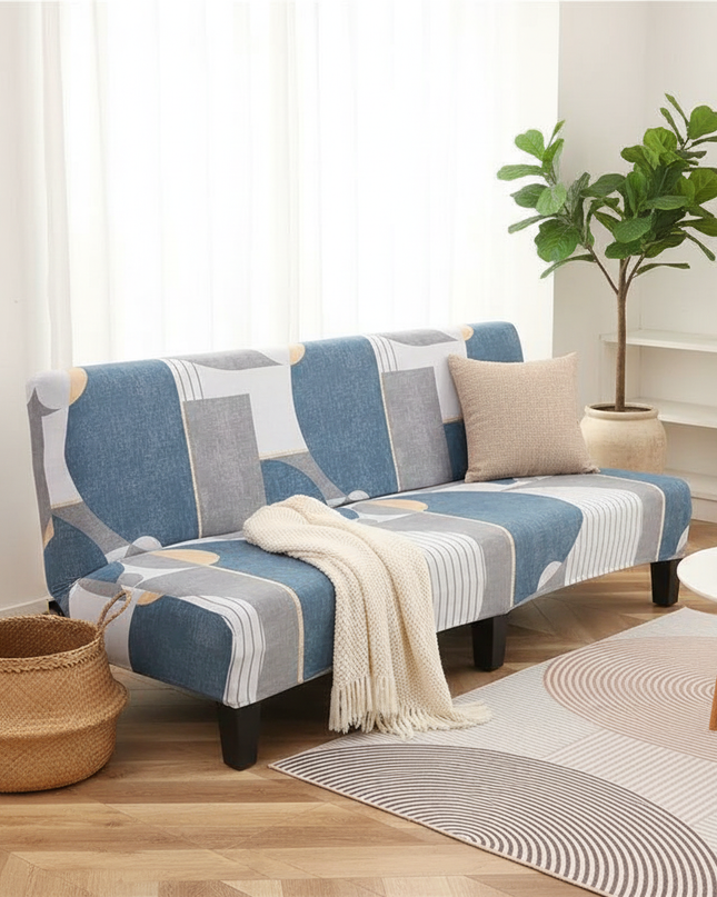 Housse de clic clac imprimée bleue géométrique – Protection canapé convertible – Photo Variation 1