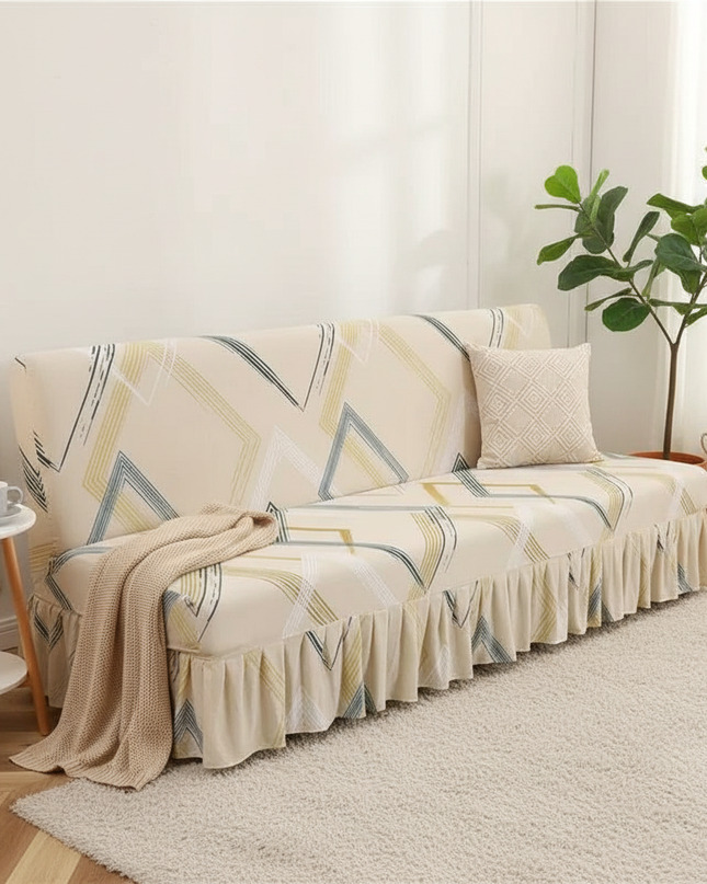 Housse de clic clac géométrique beige volant – Protection canapé convertible – Photo Variation 1