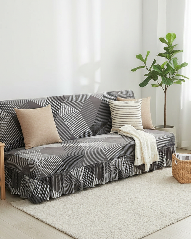 Housse de clic clac gris géométrique jupe – Protection canapé convertible – Photo Variation 1