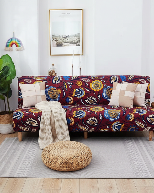 Housse de clic clac extensible bordeaux fleurie – Protection canapé convertible – Photo Variation 1