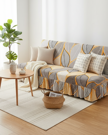 Housse de clic clac imprimé feuilles jupe jaune – Protection canapé convertible – Photo Variation 1