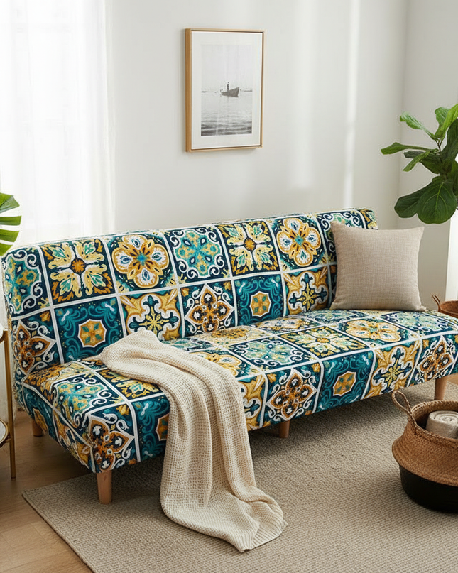 Housse de clic clac motifs mosaïque bleu jaune – Protection canapé convertible – Photo Variation 7