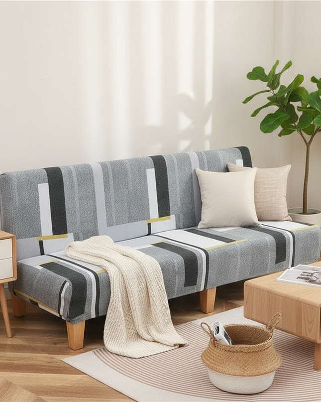 Housse de clic clac imprimée géométrique gris – Protection canapé convertible – Photo Variation 1