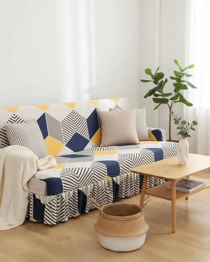 Housse de clic clac géométrique jaune bleu – Protection canapé convertible – Photo Variation 1