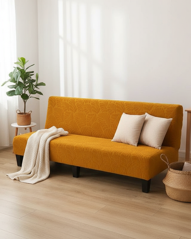 Housse de clic clac ocre jacquard feuilles – Protection canapé convertible – Photo Variation 1