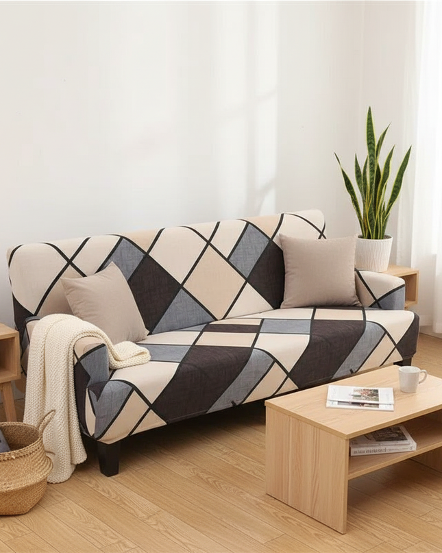 Housse de clic clac beige losanges extensible – Protection canapé convertible – Photo Variation 1