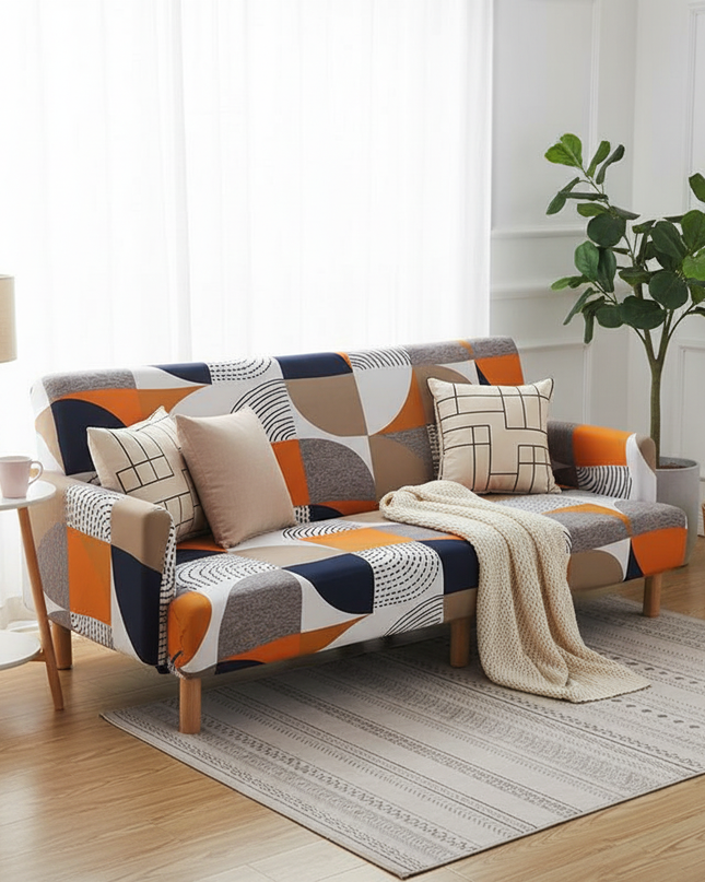 Housse de clic clac motif géométrique orange – Protection canapé convertible – Photo Variation 1