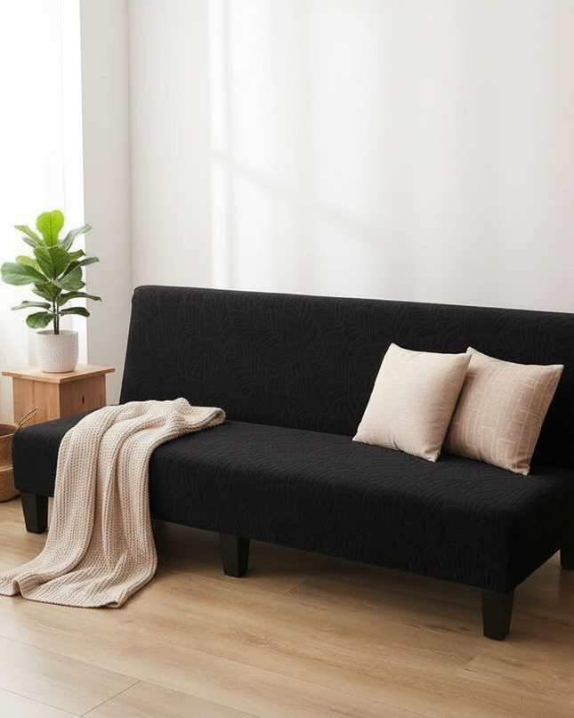 Housse de clic clac noire jacquard feuilles – Protection canapé convertible – Photo Variation 1