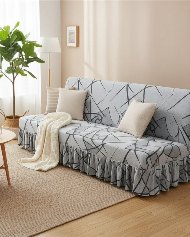 Housse de clic clac jupe grise géométrique – Protection canapé convertible – Photo Variation 1