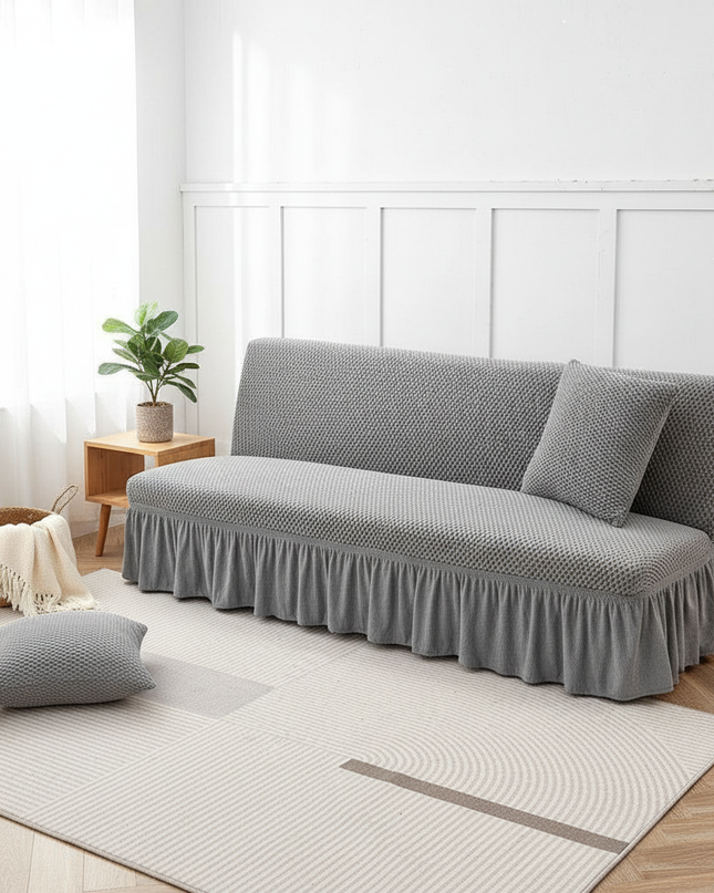 Housse de clic clac grise extensible à volants – Protection canapé convertible – Photo Variation 1
