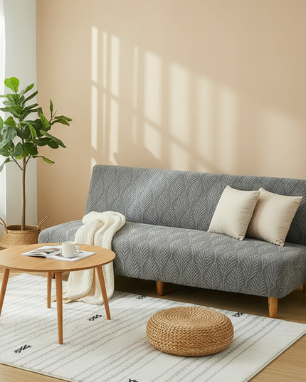 Housse de clic clac grise jacquard feuilles – Protection canapé convertible – Photo Variation 1