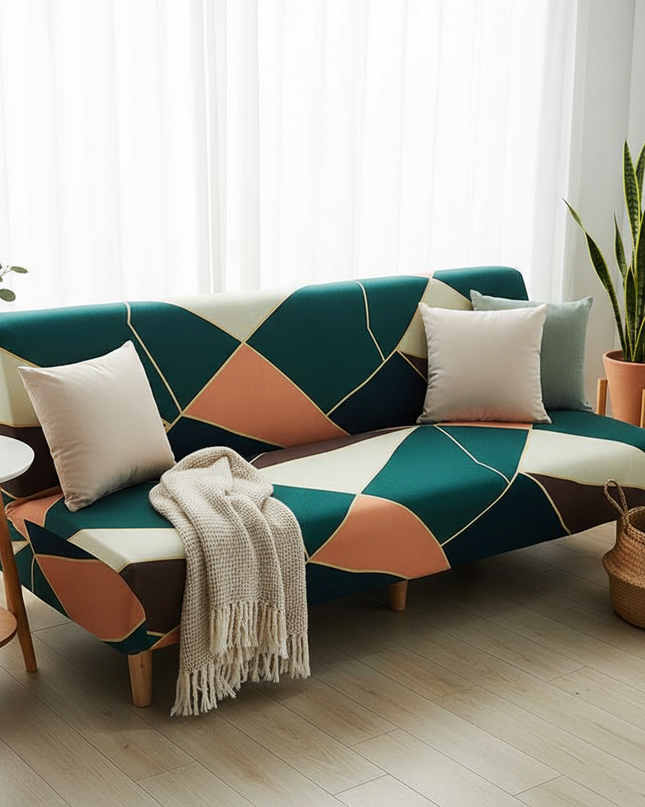 Housse de clic clac géométrique verte moderne. – Protection canapé convertible – Photo Variation 1