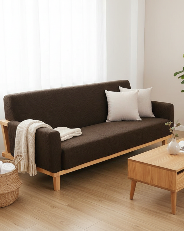 Housse de clic clac marron jacquard feuilles – Protection canapé convertible – Photo Variation 1