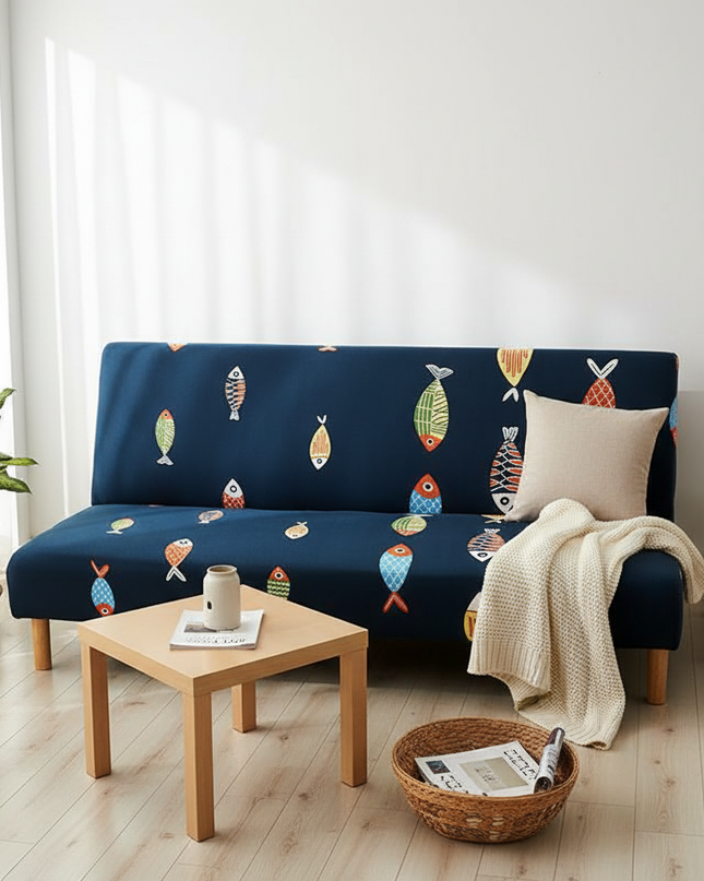 Housse de clic clac géométrique bleu jaune – Protection canapé convertible – Photo Variation 1