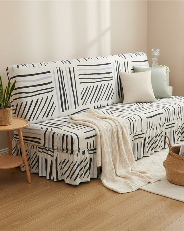 Housse de clic clac motifs abstraits noirs jupe – Protection canapé convertible – Photo Variation 1