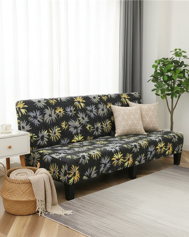 Housse de clic clac fleurs jaunes grises – Protection canapé convertible – Photo Variation 1