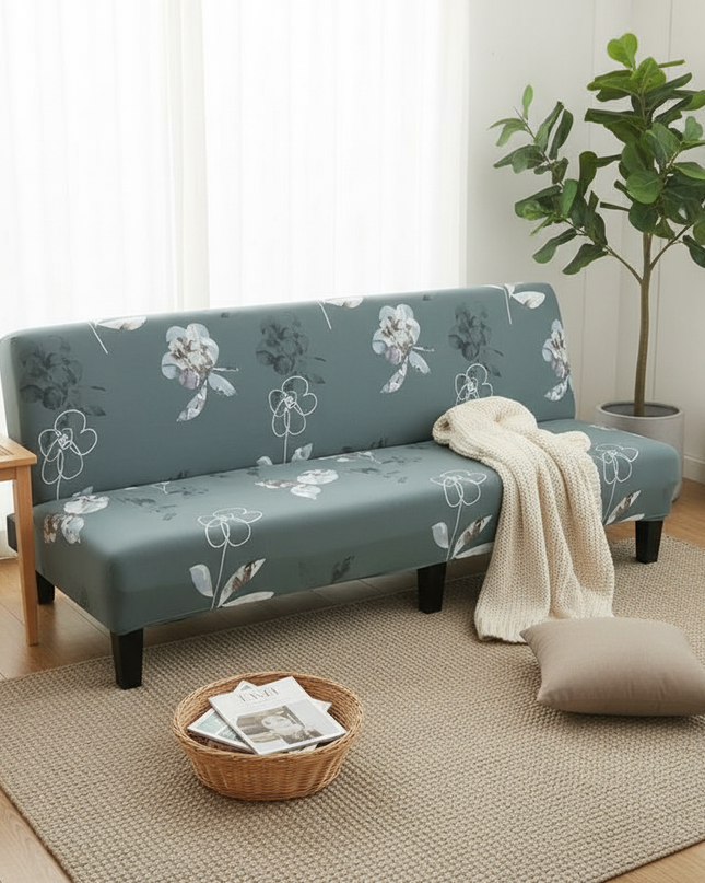 Housse de clic clac motifs floraux verts – Protection canapé convertible – Photo Variation 1