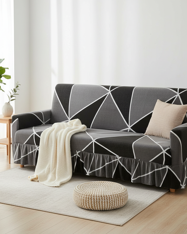 Housse de clic clac géométrique gris jupe – Protection canapé convertible – Photo Variation 1