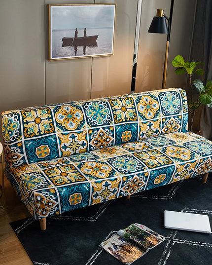 Housse de clic clac motifs mosaïque bleu jaune – Protection canapé convertible – Photo Variation 13